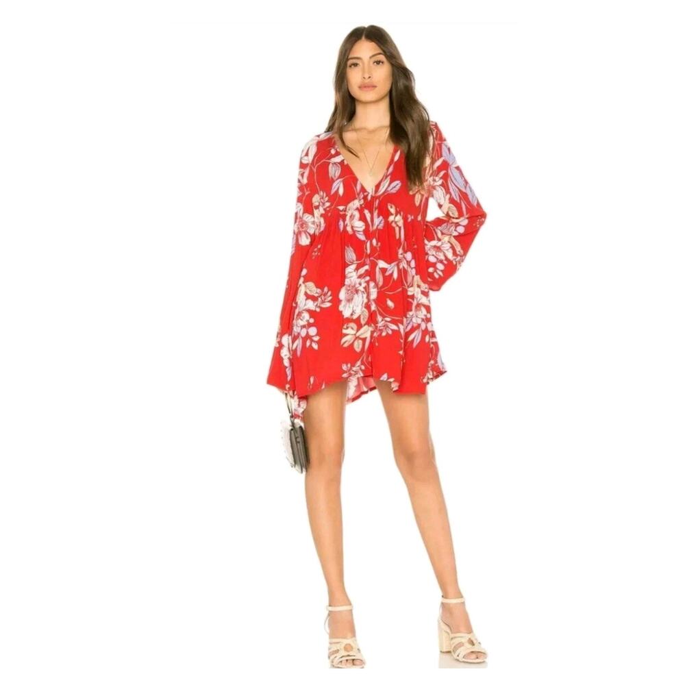 Free People Bella Tunic Impire Waist Babydoll Medium Red Floral Print V-Neck 957